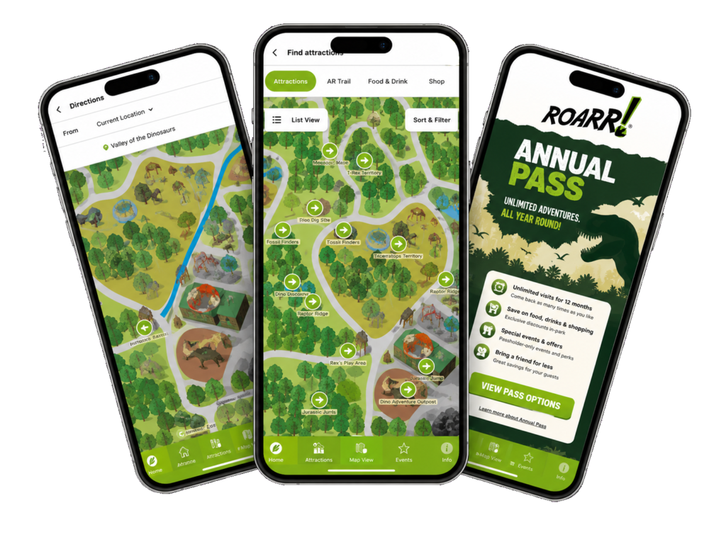 Three ROARR! app screens showing the interactive park map, walking directions and what is on