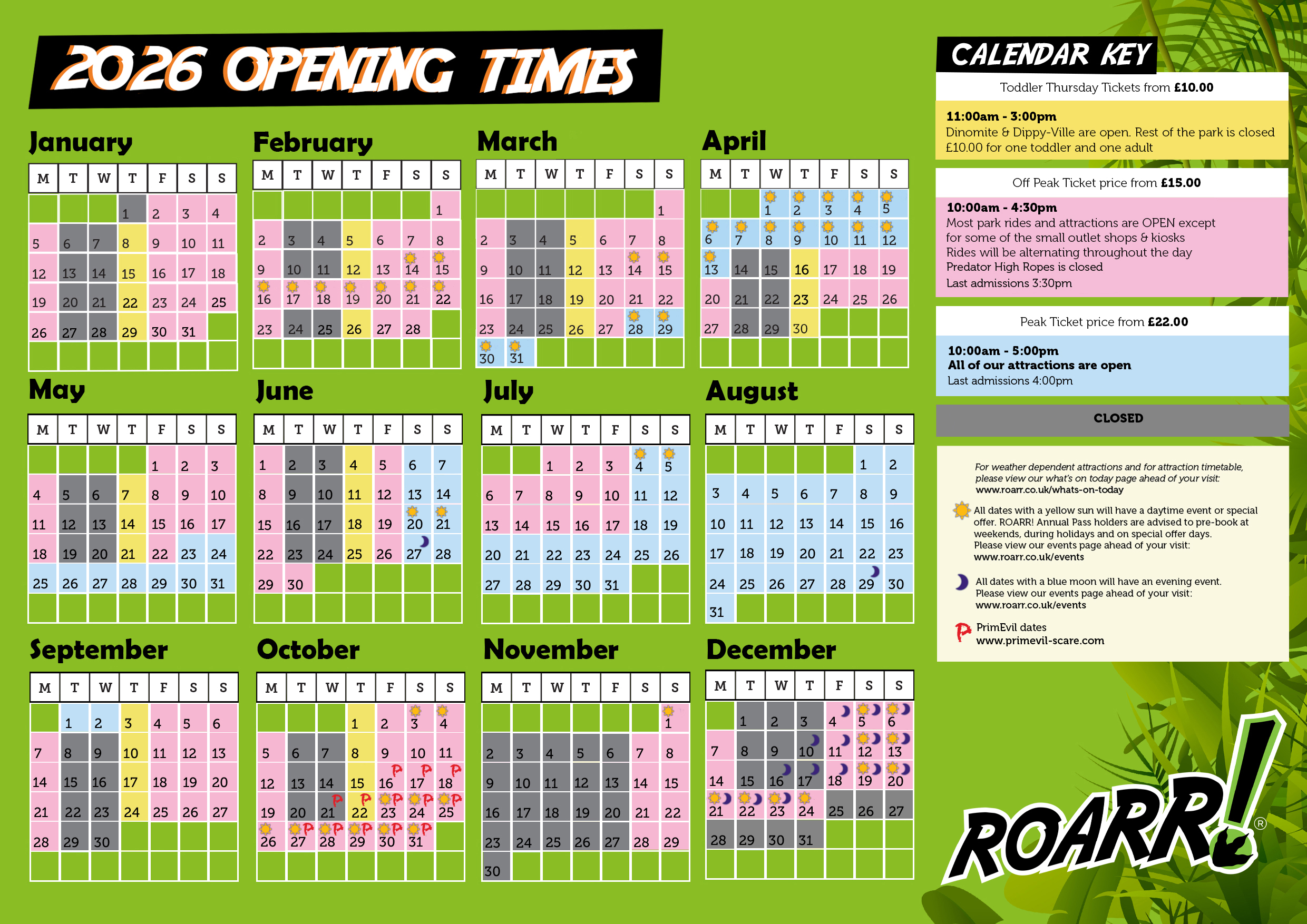 ROARR! 2026 calendar showing peak, off-peak, Toddler Thursday and event dates