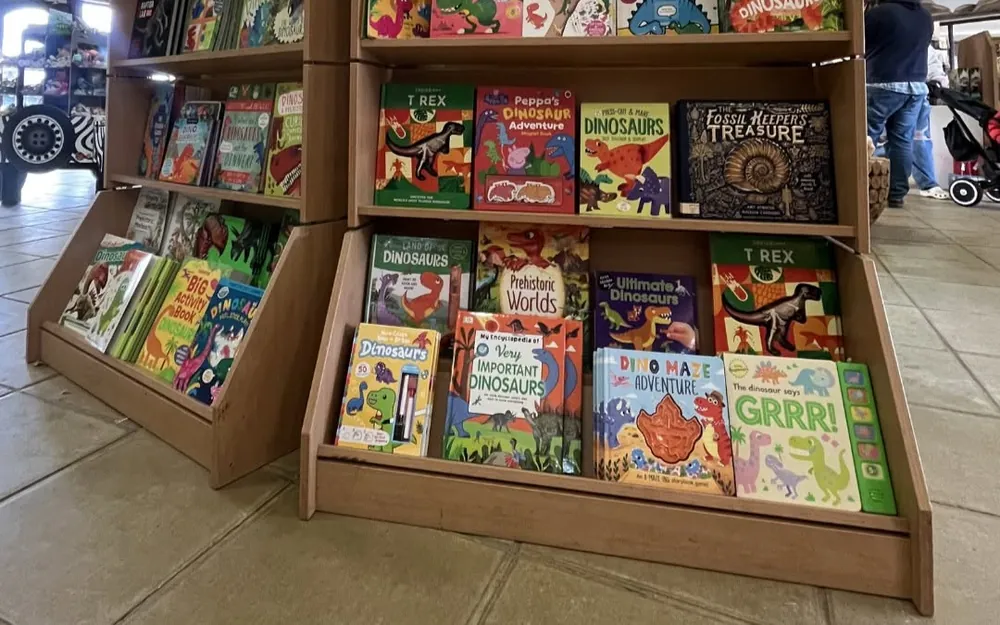 Shelves of dinosaur activity books and puzzles in the ROARR! STORE